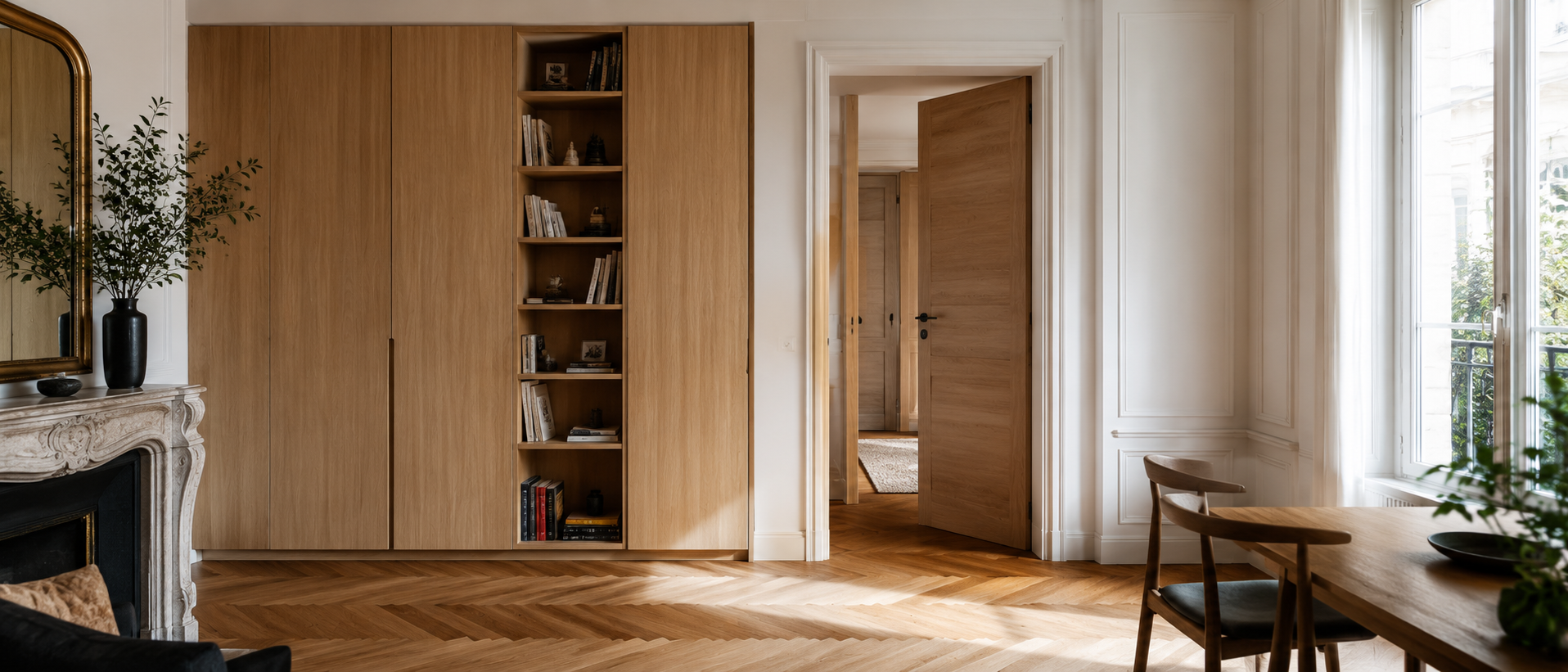 Intérieur de menuiserie sur mesure en bois clair réalisé par ITB Menuiserie